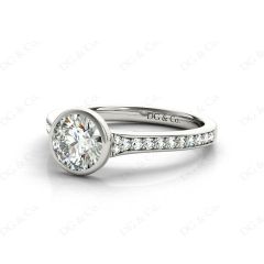 Round Cut Bezel Set Diamond Ring with Pave Set Diamonds Down the Shoulders in Platinum
