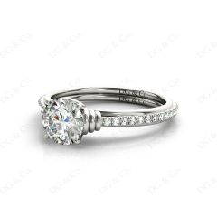 Round Cut Four Claw Set Diamond Ring with Pave Set Diamonds on the Bandin Platinum