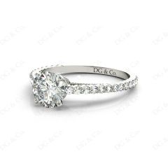 Round Cut Four Claw Set Diamond Ring with Side Halo and Round Cut Diamonds Claw Set on the Band. in 18K White