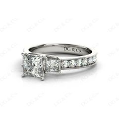 Princess Cut Trilogy Ring with Milgrain set shoulder diamond in Platinum