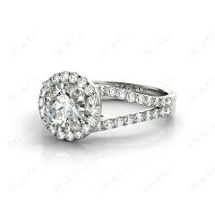 Split Band Round Cut Halo Diamond Engagement ring with claw set centre stone in 18K White