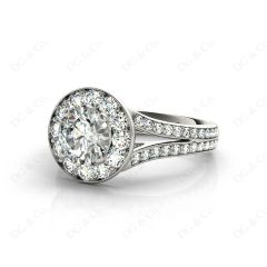 Round Cut Halo Diamond Engagement ring with claw set centre stone in 18K White