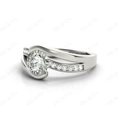 Round Cut Cross Over Ring Half Bezel Set Diamond Engagement Ring with Channel Set Side Stones in 18K White