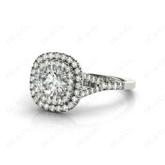 Round Cut Split Shank Diamond Engagement Ring with Double Halo and Pave Set Side Stones in 18K White