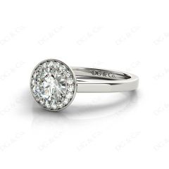 Round Cut 4 Prong Set Diamond Ring with Halo and Plain Tapered Band in Platinum