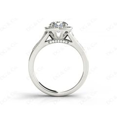 Vintage Style Round Cut Split Shank Milgrain Halo Set Engagement Ring with Channel Set Side Stones in Platinum