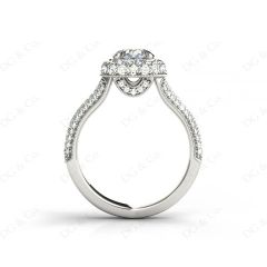 Round Cut Split Shank Milgrain Halo Engagement Ring with Micro Pave Set Diamonds on the Halo and Sidestones in Platinum