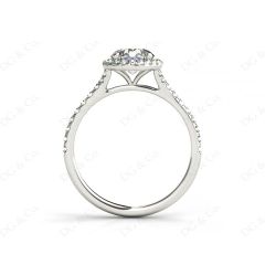 Round Cut Diamond Ring With Round Cut Diamonds Scallop Set on the Halo and Down the Shoulders in Platinum