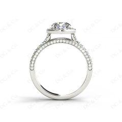 Triple Band Round Cut Diamond Halo Engagement Ring with Pavé Set Side Stones and Halo in 18K White