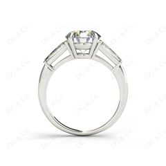 Trilogy Round Cut Classic Three Stones Ring with Tapered Baguettes Diamond in 18K White