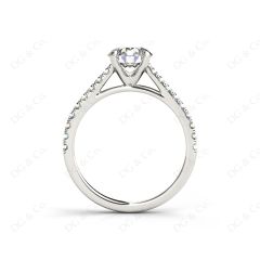 Round Cut Four Claws Diamond Ring with Pave Set Side Stones in 18K White