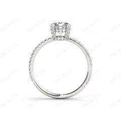 Round Cut Four Claw Set Diamond Ring with Scallop Set Round Cut Diamonds Pave Setting with two Side Halos and on the Band. in 18K White