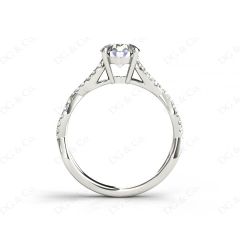 Twist Band Round Cut Four Claw Set Diamond Engagement Ring with Pave Set Stones Down the Shoulders in Platinum