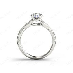 Twist Band Round Cut Four Claw Set Diamond Ring with Pave Set Stones Down the Shoulders In  18K White