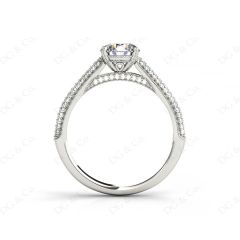 Vintage Style Round Cut Four Claw Set Diamond Ring with Micro Pave Set Stones Down the Shoulders In Platinum