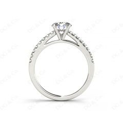 Round Cut Four Claw Set Diamond Ring with Round Pave Set Stones Down the Shoulders in Platinum