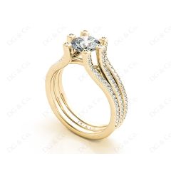 Round Cut Six Claws Diamond Signature Ring with Channel set  Down in the Shoulders in 18K Yellow