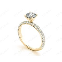 Round Cut claw set diamond ring with micro pave set side stone in 18K Yellow