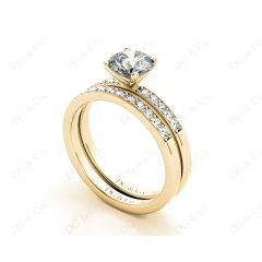 Diamond Wedding Set Rings Round Cut Diamond with Channel Share Prong Setting Side Stones in 18K Yellow Gold
