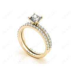 Princess cut diamond wedding set rings four claws setting With Pave Setting Side Stones in 18K Yellow