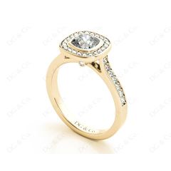 Cushion Cut Halo Ring with Bezel set centre stone with Side Stones in 18K Yellow