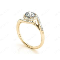 Round Cut Halo Diamond Cross Over Engagement ring with claw set centre stone in 18K Yellow