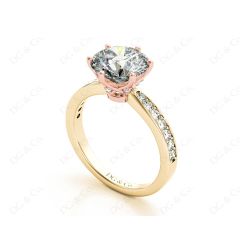 Round Cut Six Claw Set Diamond Ring with Pave Set Side Stones in 18K Yellow