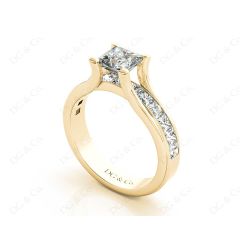 Princess Cut Diamond Engagement ring with four claws Channel Setting Side stones in 18K Yellow