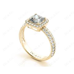 Princess Cut Halo Ring with Milgrain Claw Set Centre Stone in 18K Yellow