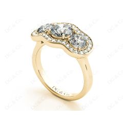 Round Cut Halo Trilogy Diamond Engagement Ring with Pave Set Side Stone In 18K Yellow