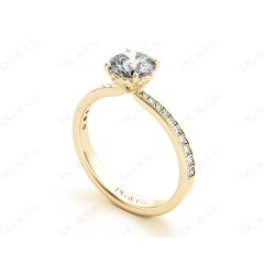 Round Cut Four Claw Set Diamond Ring with Round Cut Diamonds Pave Set Down the Shoulders in 18K Yellow