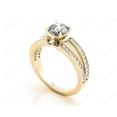 Round Cut 4 Claw Split Shank Engagement Ring with Grain Set Side Stones in 18K Yellow