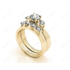 Round Cut Diamond three stones wedding set rings with claw set side stone in 18K Yellow