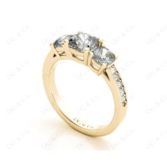 Cushion Cut Trilogy Ring with Channel Set Shoulder Diamonds in 18K Yellow