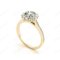 Round Cut Flower Halo Diamond Ring with a Claw Set Halo and Pave Set Side Stones in 18K Yellow