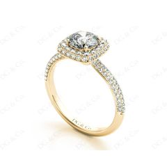 Round Cut Diamond Ring with Micro Pave Set Diamonds on Halo and Down the Shoulders in 18K Yellow