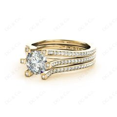 Round Cut Six Claws Diamond Signature Ring with Channel set  Down in the Shoulders in 18K Yellow