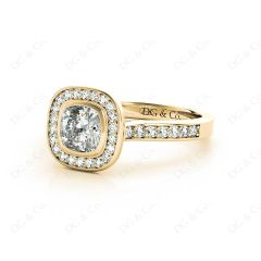 Cushion Cut Halo Ring with Bezel set centre stone with Side Stones in 18K Yellow