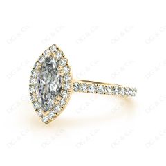 Marquise Cut Halo Diamond Engagement Ring with Claw Set Centre Stone with Pavé Set Side Stones in 18K Yellow