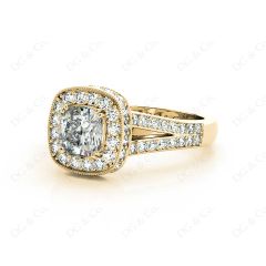 Cushion Cut Halo Ring with Milgrain claw set centre stone in 18K Yellow