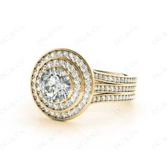 Round cut double halo diamond engagement ring with four claw setting centre stone in 18K Yellow