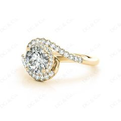 Round Cut Halo Diamond Cross Over Engagement ring with claw set centre stone in 18K Yellow