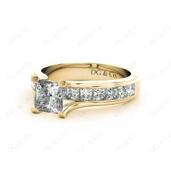 Princess Cut Diamond Engagement ring with four claws Channel Setting Side stones in 18K Yellow