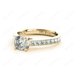 Cushion Cut Four Claws Set Diamond Ring with Channel Set Side Stones in 18K Yellow