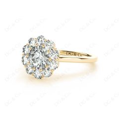 Round Cut Halo Diamond Engagement ring with claw set centre stone in 18K Yellow