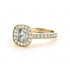 Cushion Cut Halo Diamond Ring with Milgrain Prong Set Centre Stone in 18K Yellow