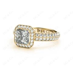 Princess Cut Halo Ring with Milgrain Claw Set Centre Stone in 18K Yellow