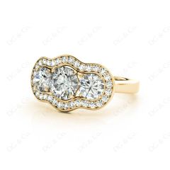 Round Cut Halo Trilogy Diamond Engagement Ring with Pave Set Side Stone In 18K Yellow