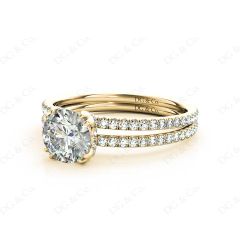 Round Cut Four Double Claw Set Diamond Ring with Pave Set Diamonds Down The Shoulders in 18K Yellow