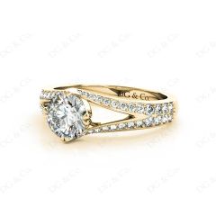 Round Cut Four Claw Set Diamond Ring with Round Cut Diamonds Down the Shoulders in 18K Yellow